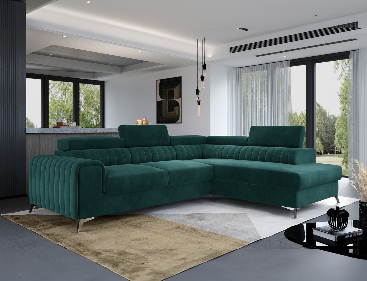 Coltar extensibil dreapta 4 locuri, ELTAP, Lau-35, Laurence, 278x205x92 cm, lemn/poliester, verde - imagine 6